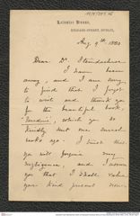 Nachlass Franz Steindachner, Brief von Alexander Goodman More an Franz Steindachner (09.08.1880), Inv.Nr. 349.06, Seite 1